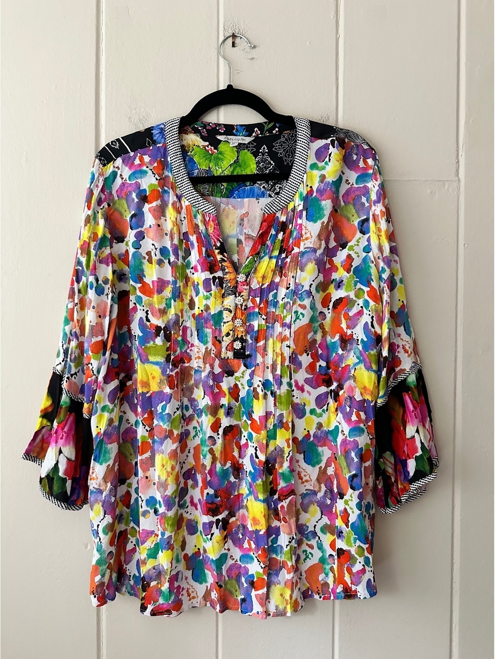 John Mark Watercolor Contrast Trim 3/4 Sleeve Blouse Top Boho Bird Size XL